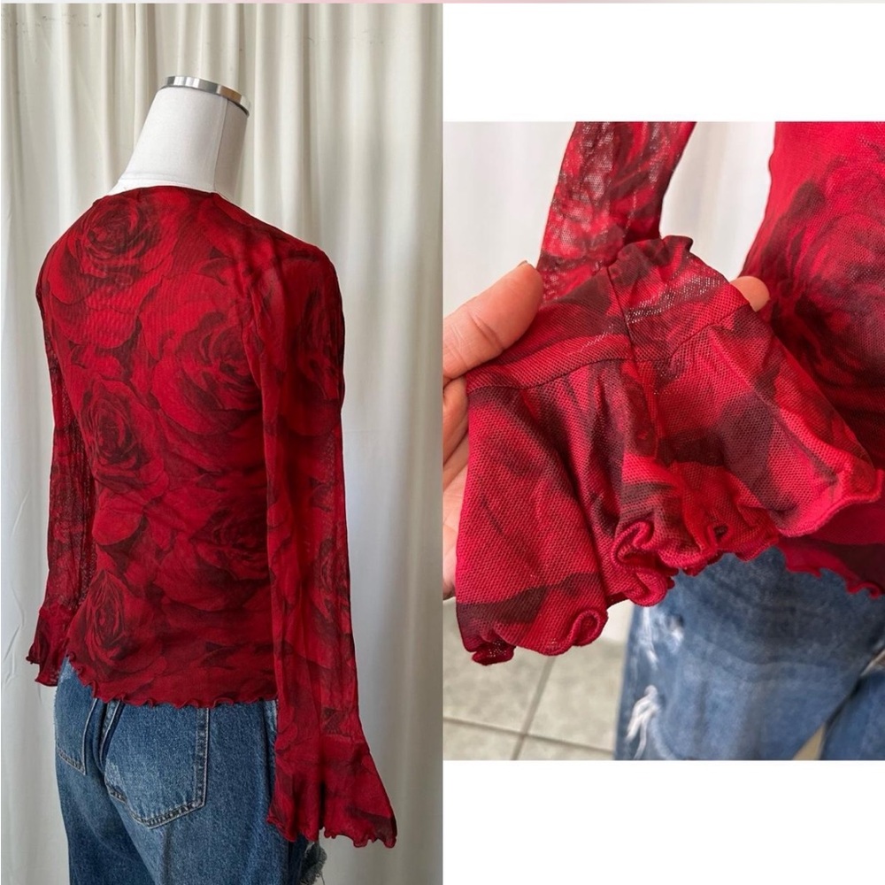 Vintage Y2K Therapy by Cheryl Taylor Red floral mesh top fairy grunge - Picture 6 of 9